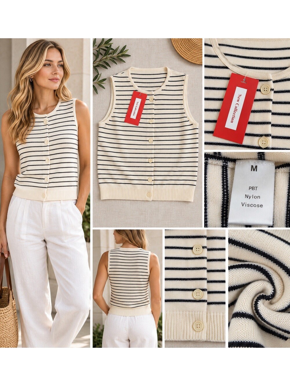 Women’s Soft Knit Striped Button Front Sweater Vest Cream Navy Size Medium NWT
